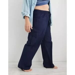 Aerie High Rise Baggy Cargo Wide Leg Pants Navy Blue Large